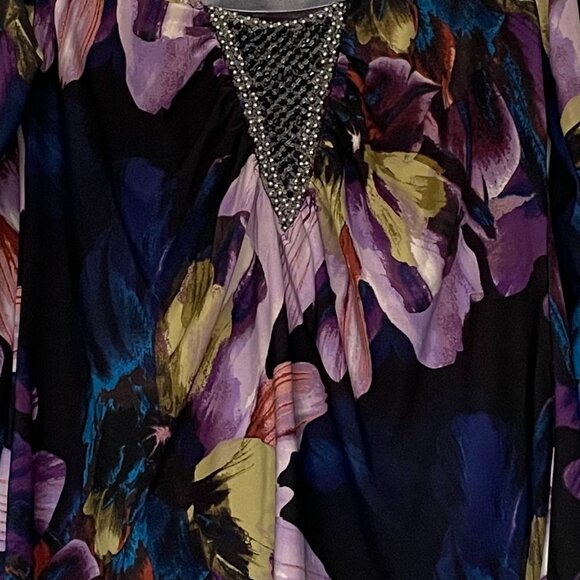 Floral Beaded Long Sleeve Asymmetrical Front Colorful Tunic Size L - Picture 4 of 4